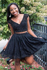 Black V-Neck Two-Piece Beaded Bodice Homecoming Dress with Lace Skirt